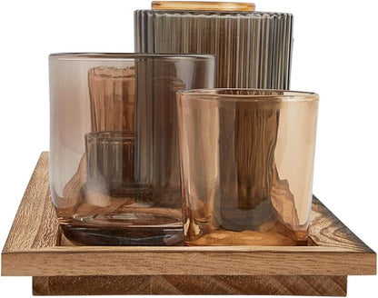 Wood Tray with 9 Brown Glass Votive Holders Set of 10 Pieces