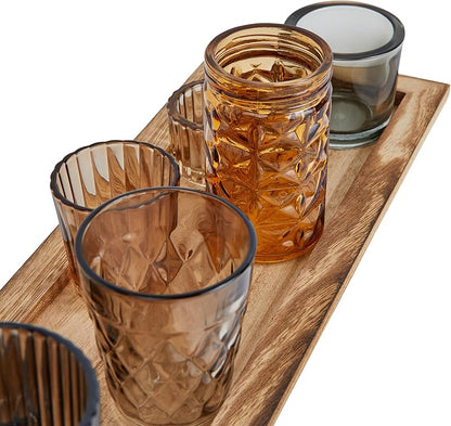 Wood Tray with 9 Brown Glass Votive Holders Set of 10 Pieces