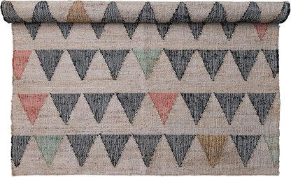 Boho Woven Jute and Cotton Rug with Triangle Pattern Multicolor