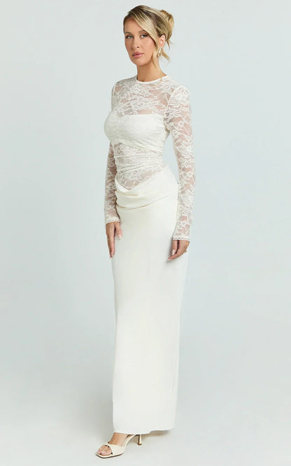 Crisanta Maxi Dress - Long Sleeve Contrast Lace Bodycon Dress in Ivory
