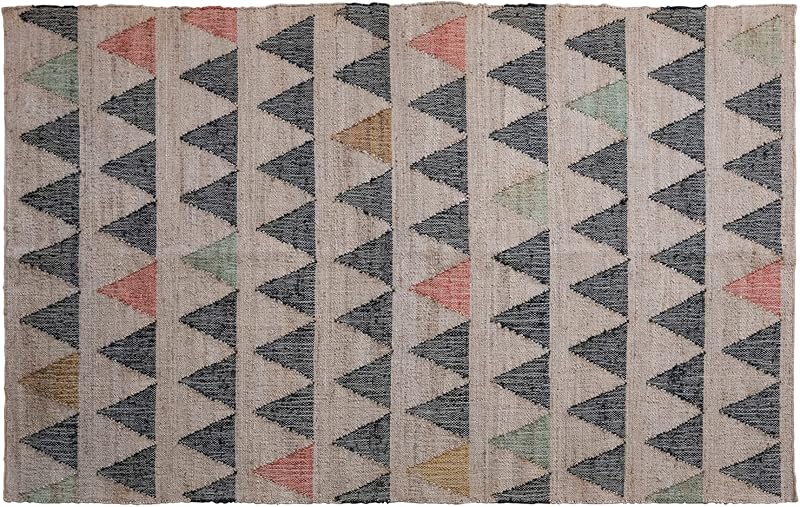 Boho Woven Jute and Cotton Rug with Triangle Pattern Multicolor