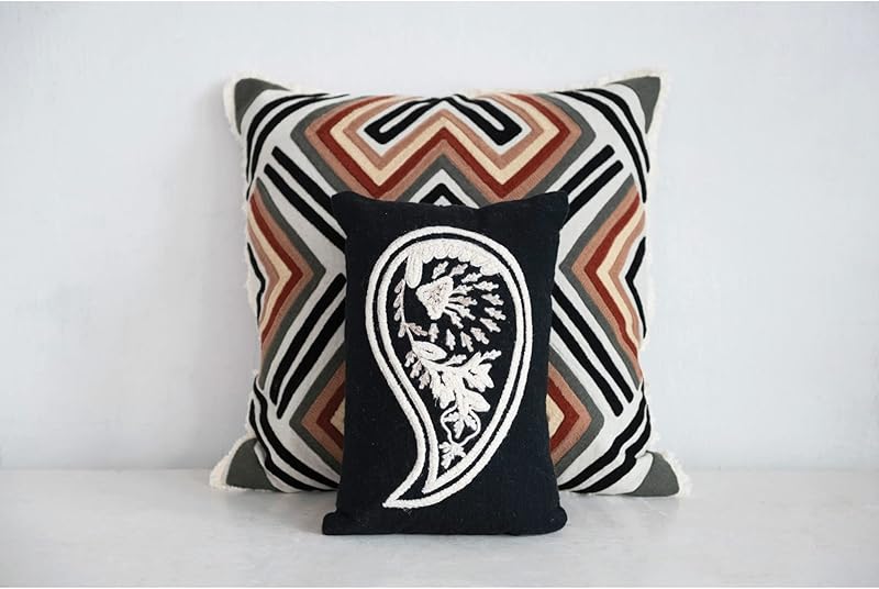 Woven Cotton Slub Lumbar Pillow with Embroidered Paisley