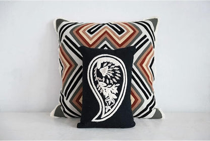 Woven Cotton Slub Lumbar Pillow with Embroidered Paisley