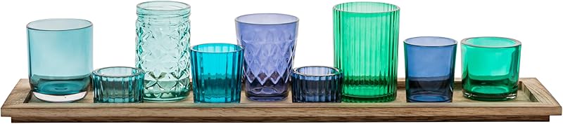 Wood Tray with 9 Blue Green Glass Votive Holders
