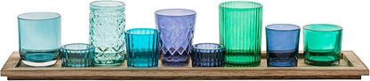 Wood Tray with 9 Blue Green Glass Votive Holders