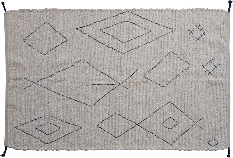 Boho Woven Cotton Moroccan Design and Tassels White and Blue Rug Ivory