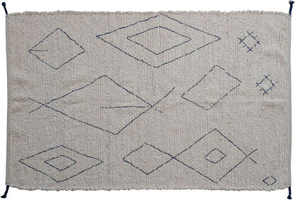 Boho Woven Cotton Moroccan Design and Tassels White and Blue Rug Ivory