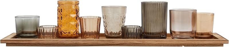 Wood Tray with 9 Brown Glass Votive Holders Set of 10 Pieces