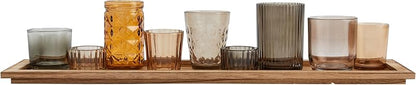 Wood Tray with 9 Brown Glass Votive Holders Set of 10 Pieces