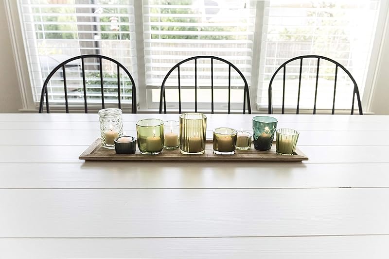 Wood Tray with 9 Green Glass Votive Holders
