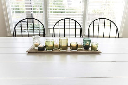 Wood Tray with 9 Green Glass Votive Holders
