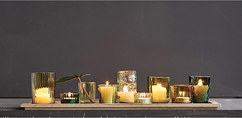 Wood Tray with 9 Green Glass Votive Holders