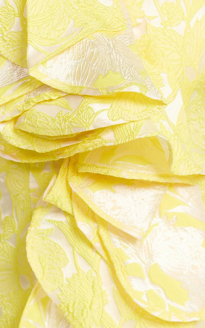 Amalie The Label - Frederika Strapless Ruffle Detail Jacquard Mini Dress in Yellow