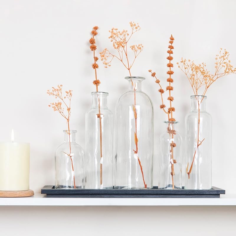 Wood Tray with Vintage Glass Bottle Vases Black Set of 5 Sizes
