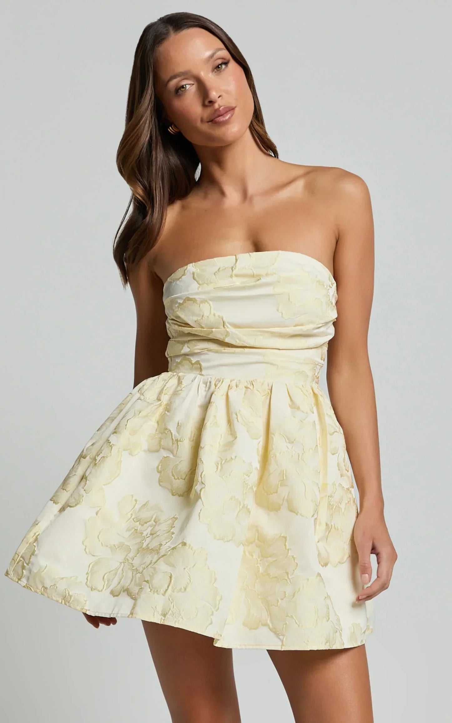 Laure Mini Dress - Strapless Jacquard Dress in Lemon