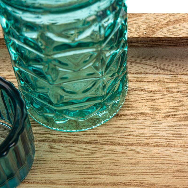 Wood Tray with 9 Blue Green Glass Votive Holders