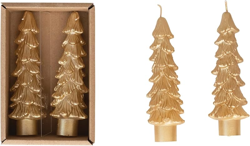 Unscented Tree Shaped Taper Candles Gold Boxed Set Of 2