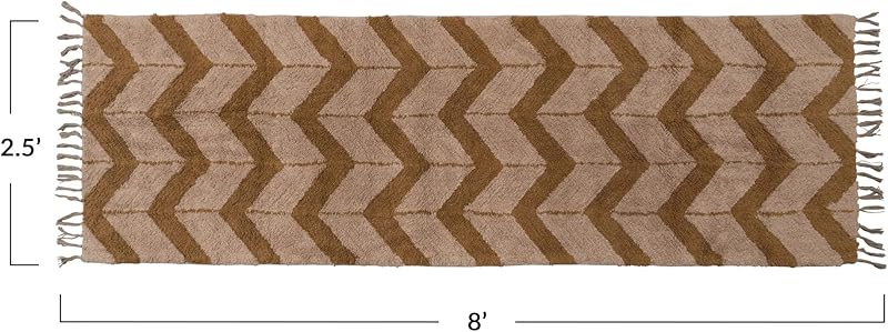 Cotton Tufted Floor Runner with Chevron Pattern and Fringe Brown and Beige