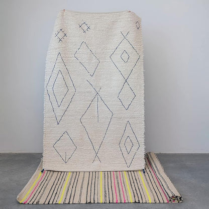 Boho Woven Cotton Moroccan Design and Tassels White and Blue Rug Ivory