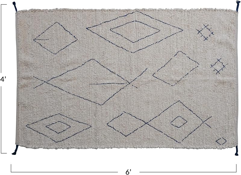 Boho Woven Cotton Moroccan Design and Tassels White and Blue Rug Ivory
