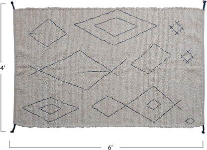 Boho Woven Cotton Moroccan Design and Tassels White and Blue Rug Ivory
