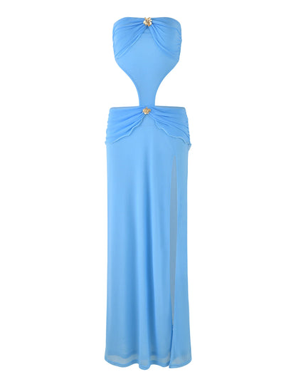 Florentza – Strapless Mesh Maxi with Gold Flower Accent