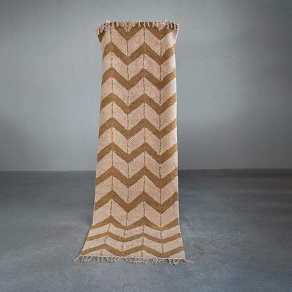 Cotton Tufted Floor Runner with Chevron Pattern and Fringe Brown and Beige