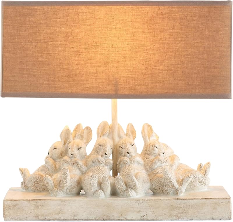 Whitewashed Rabbit Table Lamp with Sand Colored Linen Shade