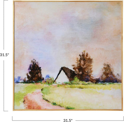 315 Square Pastoral Watercolor Print on Canvas in Wood Frame