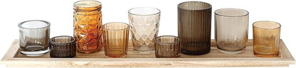 Wood Tray with 9 Brown Glass Votive Holders Set of 10 Pieces