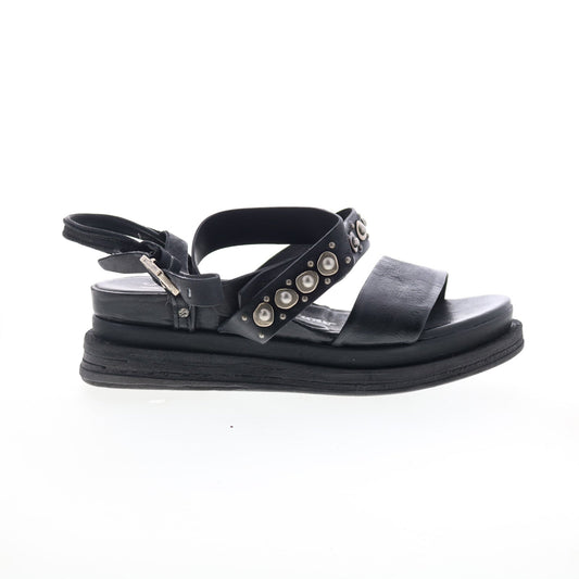 Larkie Womens Black Leather Hook & Loop Platform Sandals Shoes